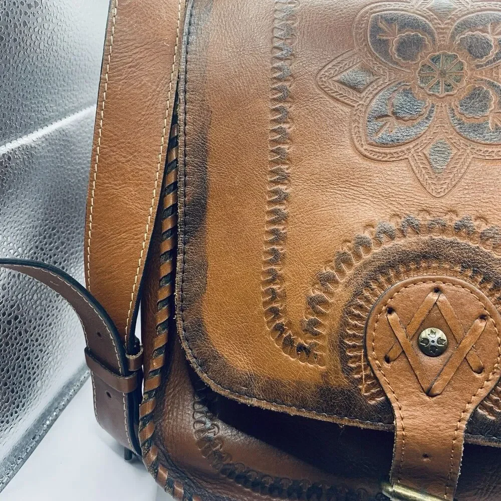 PATRICIA NASH HAND TOOLED SATCHEL CROSS BODY BAG PURSE Brown Leather